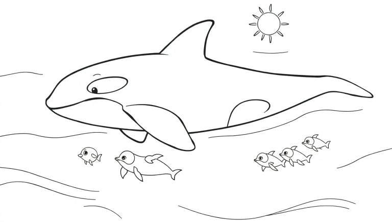Um color panel de uma orca a nadar com peixes e sol.