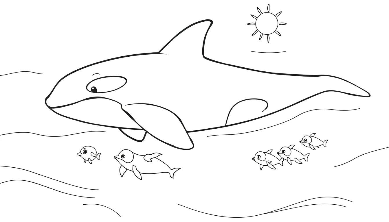 Um color panel de uma orca a nadar com peixes e sol.