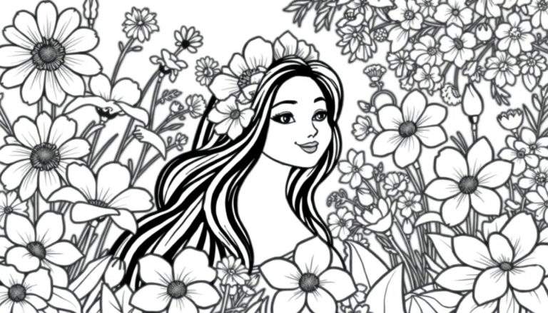 Ilustração em preto e branco de uma mulher com flores na cabeça, em um jardim florido, com linhas de color panel.