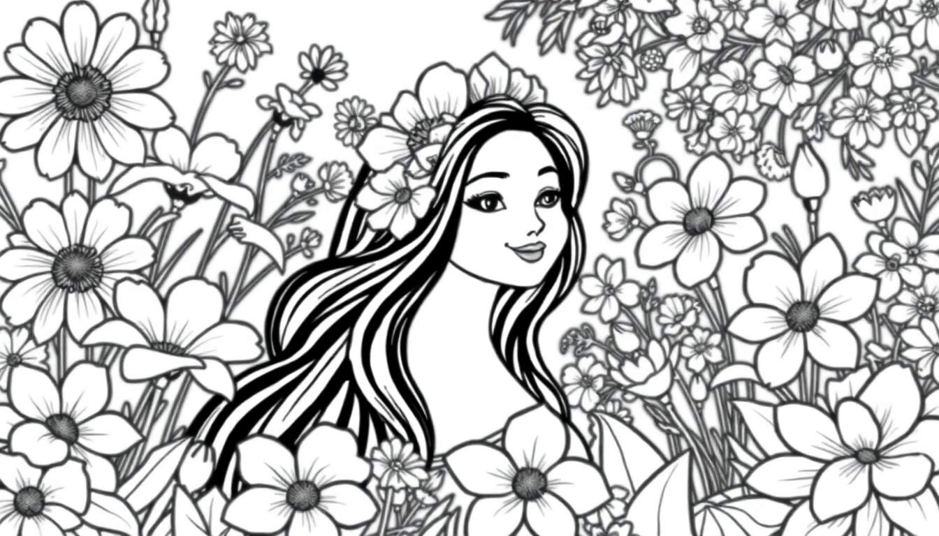 Ilustração em preto e branco de uma mulher com flores na cabeça, em um jardim florido, com linhas de color panel.