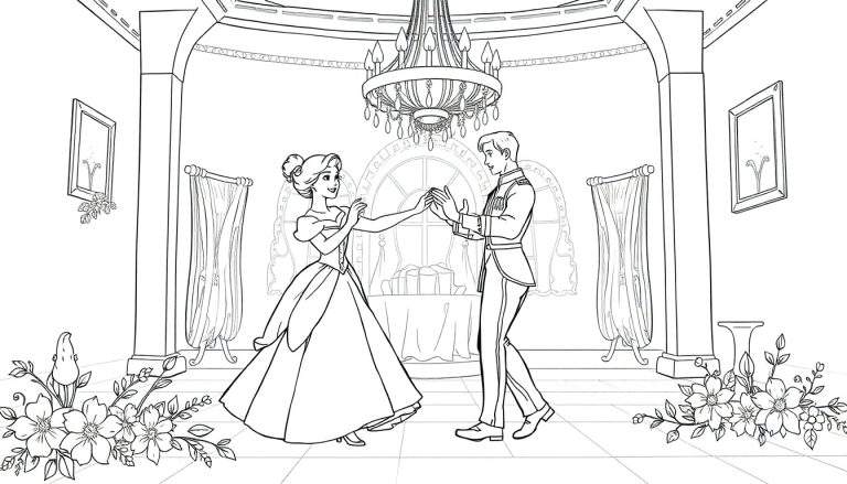 Um desenho em preto e branco de Cinderela e o Príncipe dançando num salão de baile encantado, um color panel de magia.
