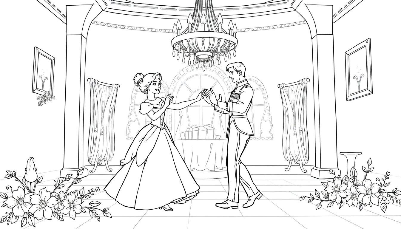 Um desenho em preto e branco de Cinderela e o Príncipe dançando num salão de baile encantado, um color panel de magia.