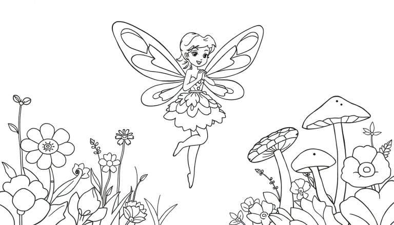 Desenho a preto e branco de uma fada sorridente com asas detalhadas a flutuar num jardim com flores e cogumelos.