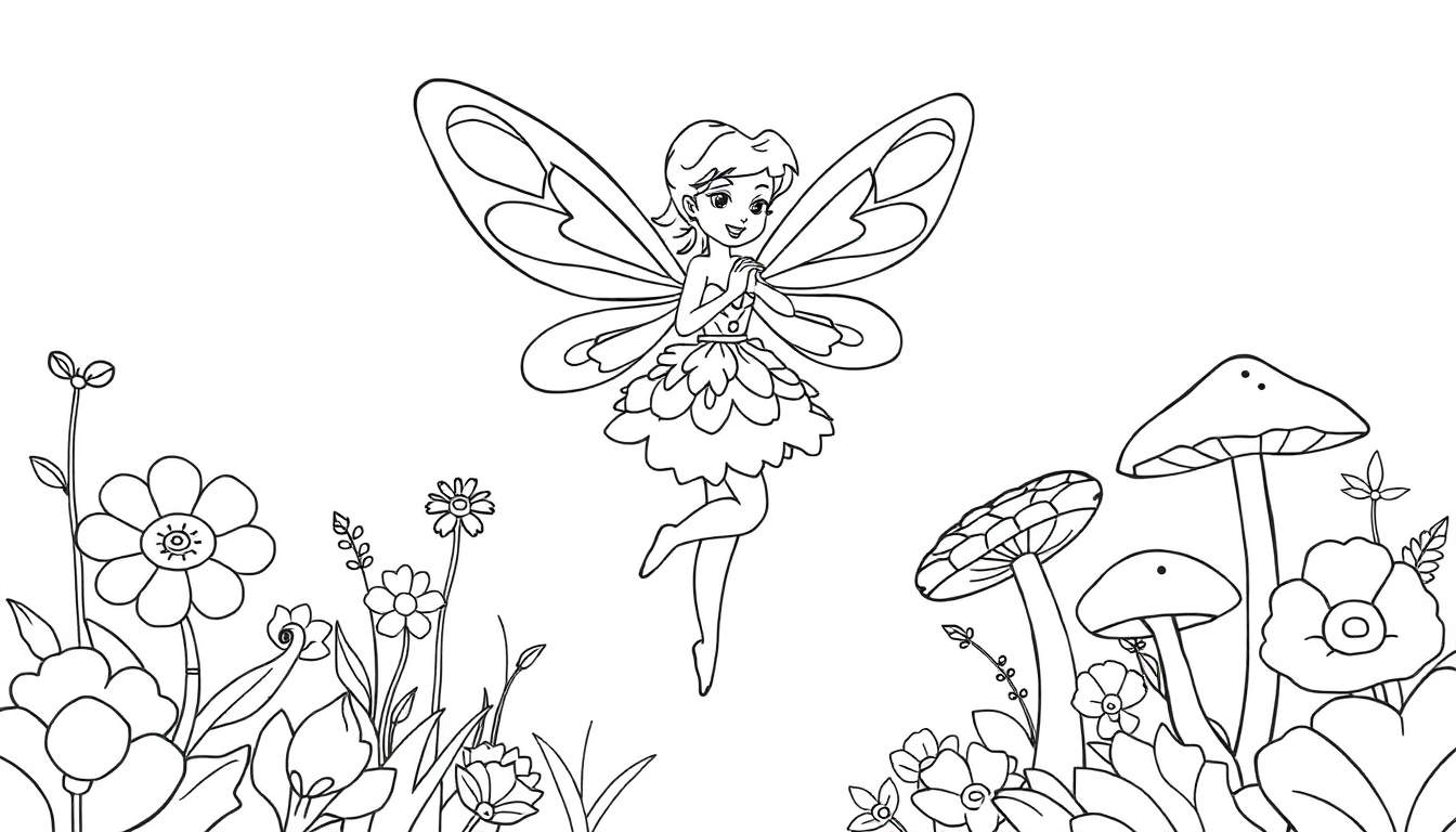 Desenho a preto e branco de uma fada sorridente com asas detalhadas a flutuar num jardim com flores e cogumelos.