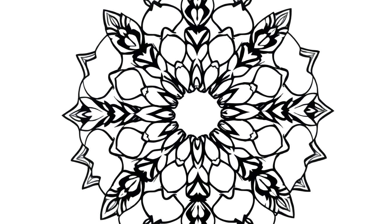 Mandala preta e branca com padrão circular intricado e espaço vazio no centro.