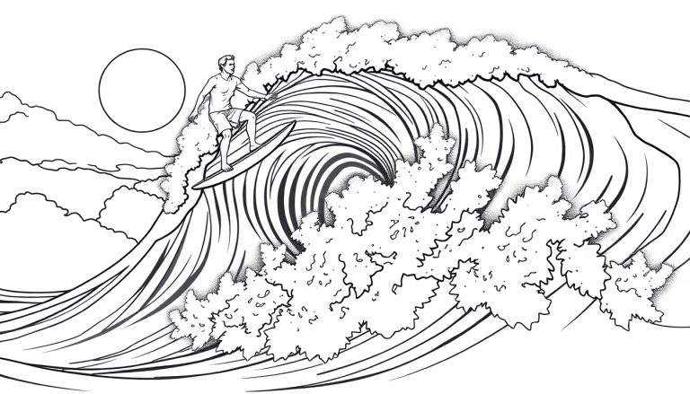Surfista em uma onda gigante, ilustração em preto e branco, com sol e nuvens ao fundo.