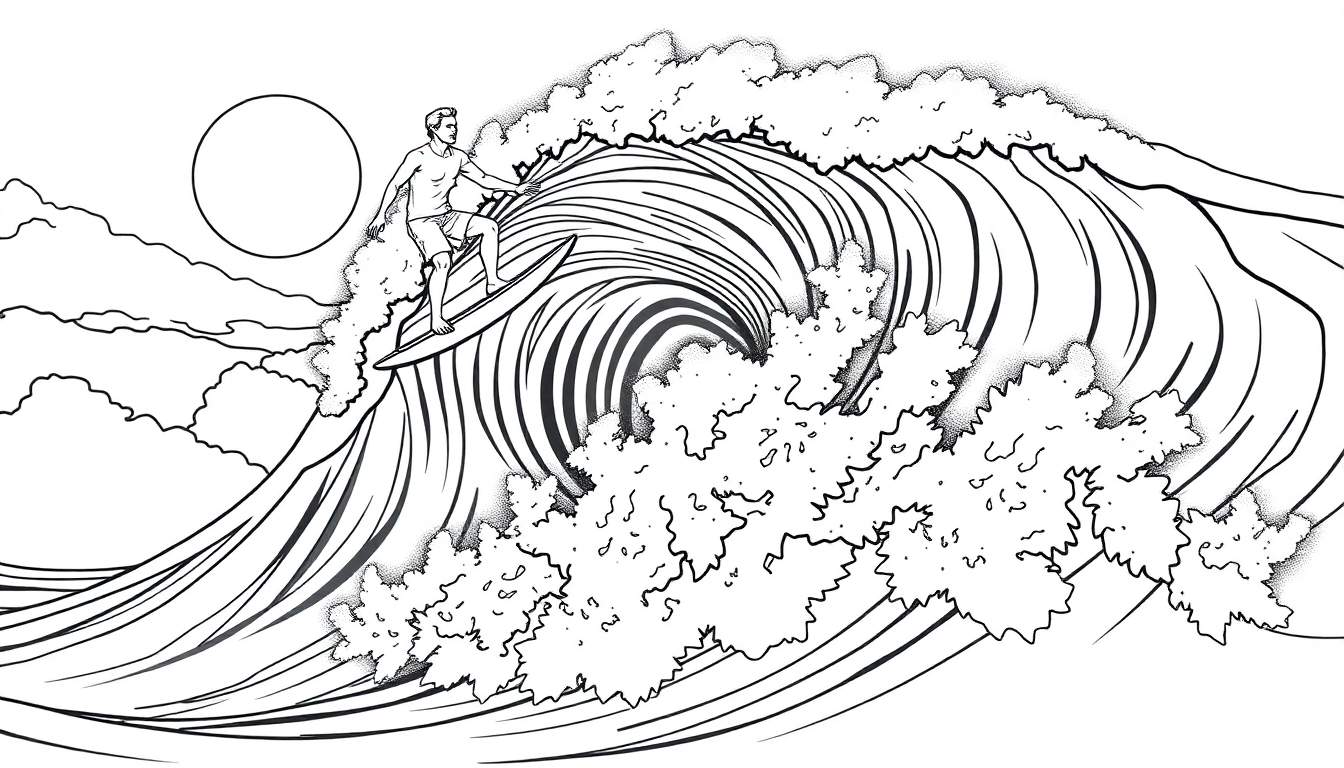 Surfista em uma onda gigante, ilustração em preto e branco, com sol e nuvens ao fundo.