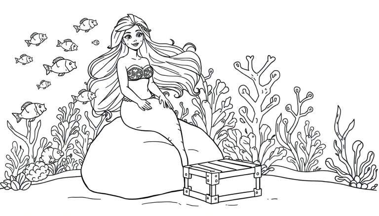 Uma pintura para colorir de uma sereia sentada numa rocha com peixes e um baú do tesouro.