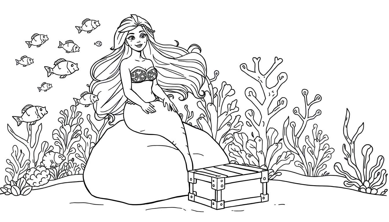Uma pintura para colorir de uma sereia sentada numa rocha com peixes e um baú do tesouro.