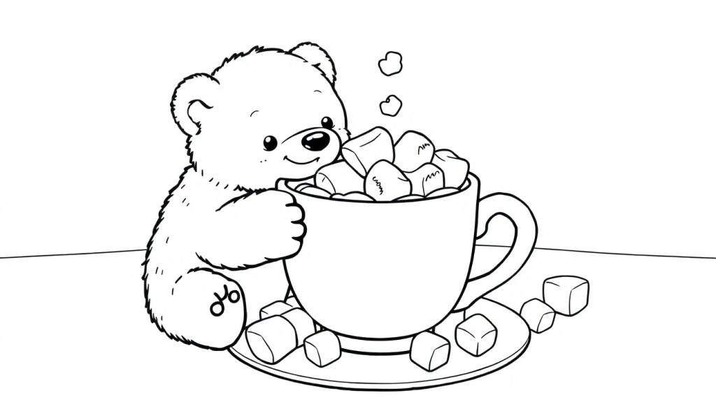 Pintura para colorir de um ursinho abraçando uma xícara de chocolate quente com marshmallows e flocos de neve.