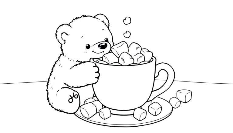 Pintura para colorir de um ursinho abraçando uma xícara de chocolate quente com marshmallows e flocos de neve.