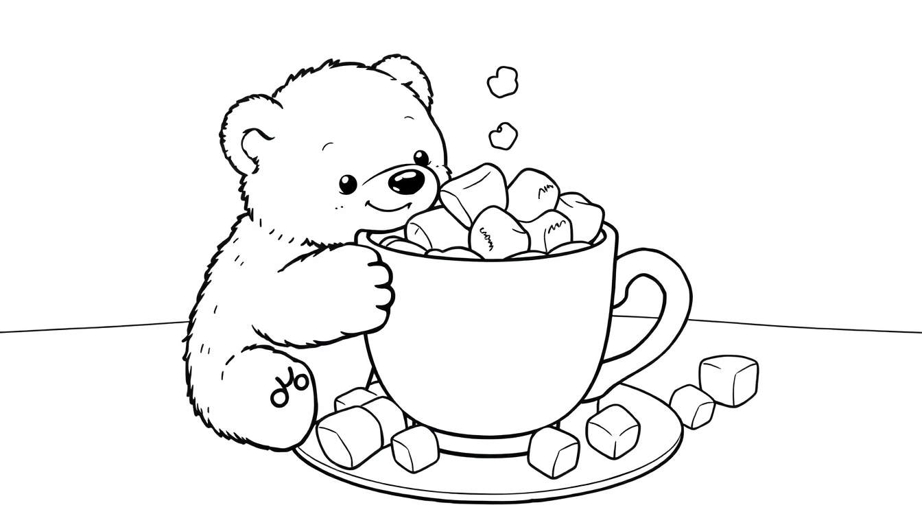 Pintura para colorir de um ursinho abraçando uma xícara de chocolate quente com marshmallows e flocos de neve.