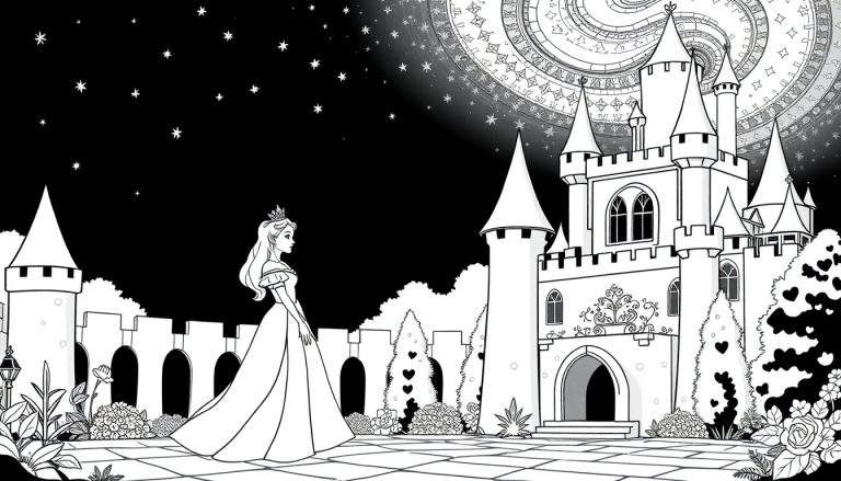 Princesa em um castelo sob um céu estrelado, color panel.