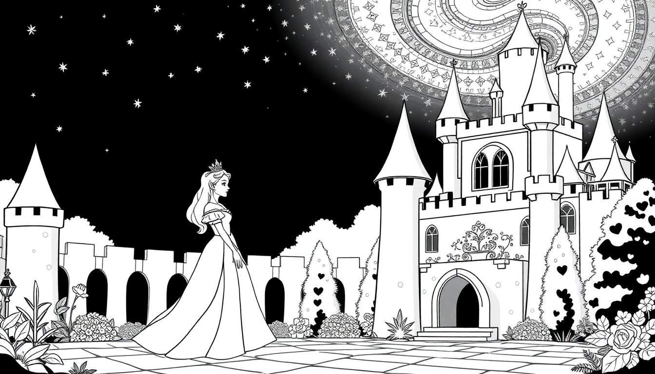 Princesa em um castelo sob um céu estrelado, color panel.