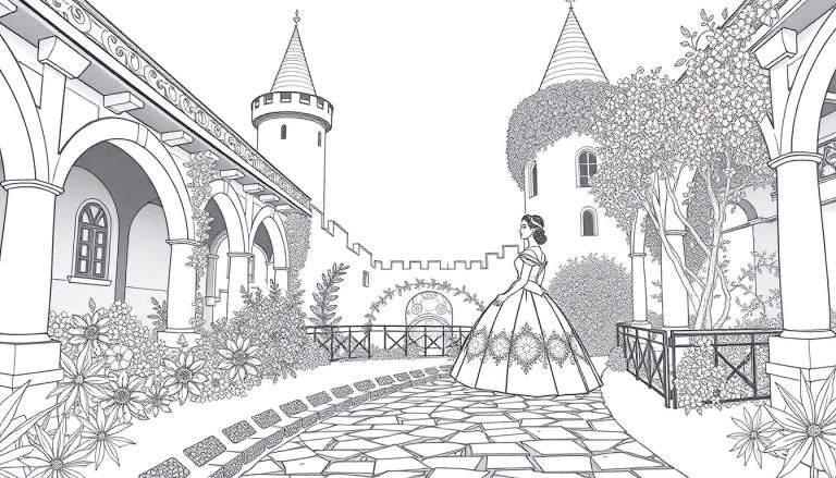 Desenho a preto e branco de uma princesa de costas num pátio de castelo com arcos e torres.