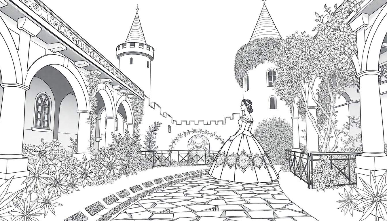 Desenho a preto e branco de uma princesa de costas num pátio de castelo com arcos e torres.