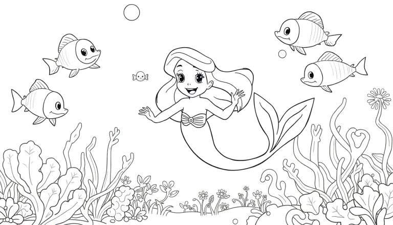 Um desenho a preto e branco de uma sereia sorridente com cabelos longos e uma cauda, cercada por peixes amigáveis, algas marinhas e bolhas. Um color panel ideal para colorir.