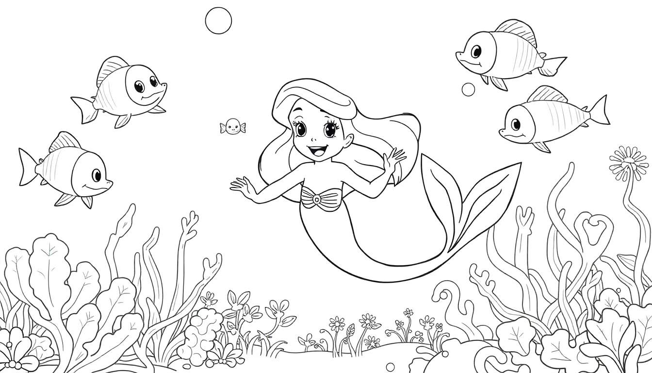 Um desenho a preto e branco de uma sereia sorridente com cabelos longos e uma cauda, cercada por peixes amigáveis, algas marinhas e bolhas. Um color panel ideal para colorir.