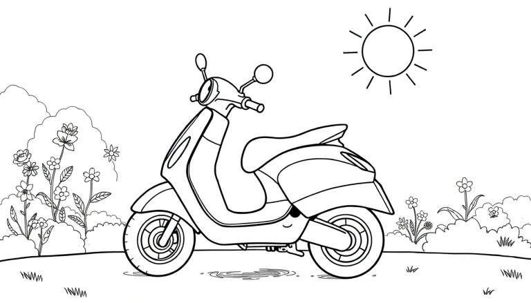 Desenho a preto e branco de uma scooter rodeada de elementos naturais, com o sol a brilhar, ideal para ser colorido.