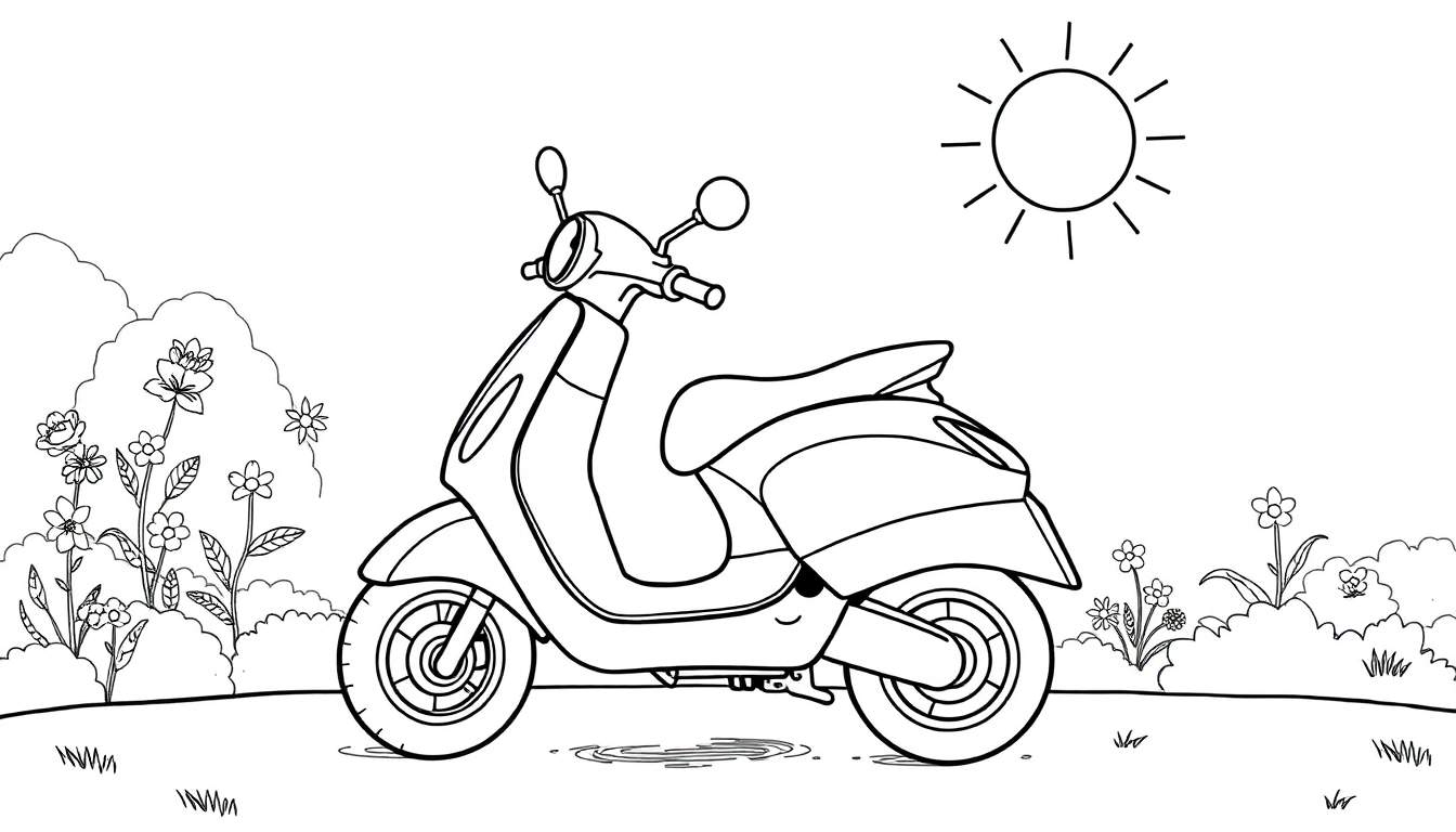 Desenho a preto e branco de uma scooter rodeada de elementos naturais, com o sol a brilhar, ideal para ser colorido.