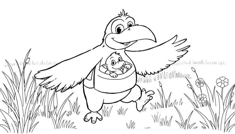 Um desenho de uma ave grande com um filhote na bolsa, em um campo com flores.