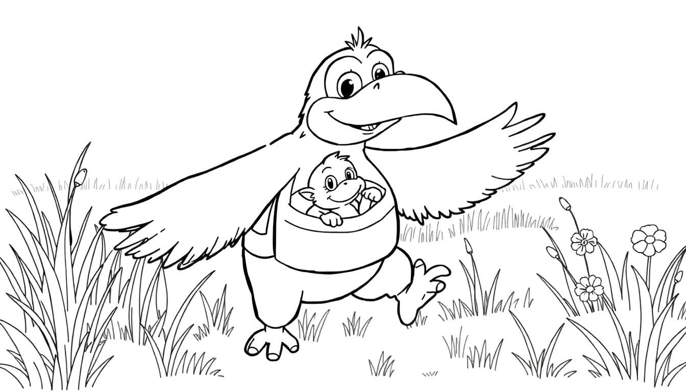 Um desenho de uma ave grande com um filhote na bolsa, em um campo com flores.