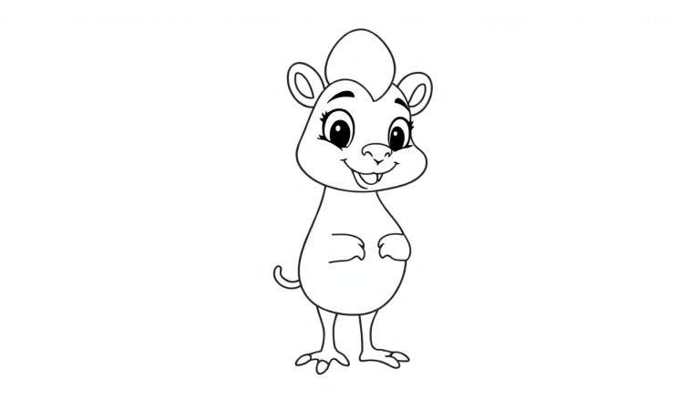 Um simpático animal de desenho animado em preto e branco com grandes olhos redondos e um tufo de pelo na cabeça, com as patas da frente juntas.