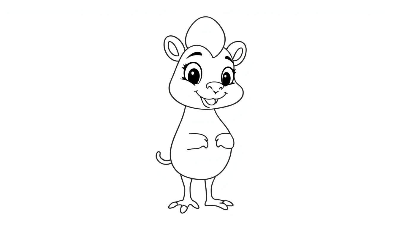 Um simpático animal de desenho animado em preto e branco com grandes olhos redondos e um tufo de pelo na cabeça, com as patas da frente juntas.
