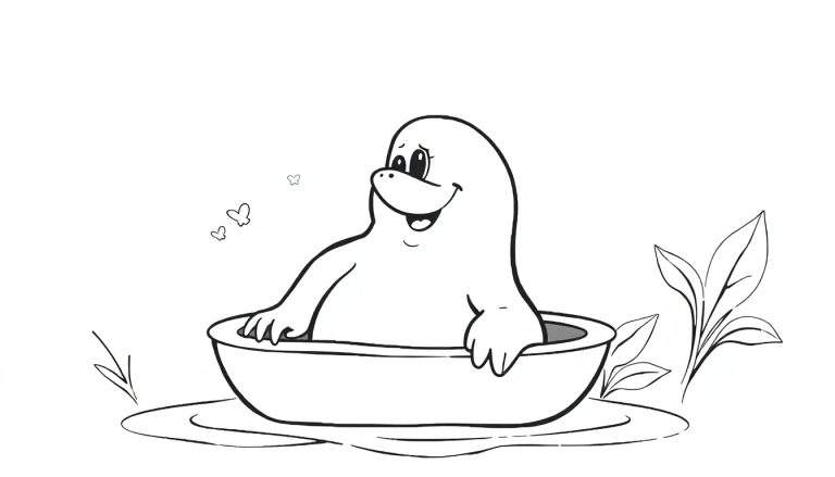 Um animal de desenho animado, possivelmente um selo ou lontra, sorrindo em uma tigela, com borboletas e plantas ao redor. Uma imagem perfeita para um color panel.