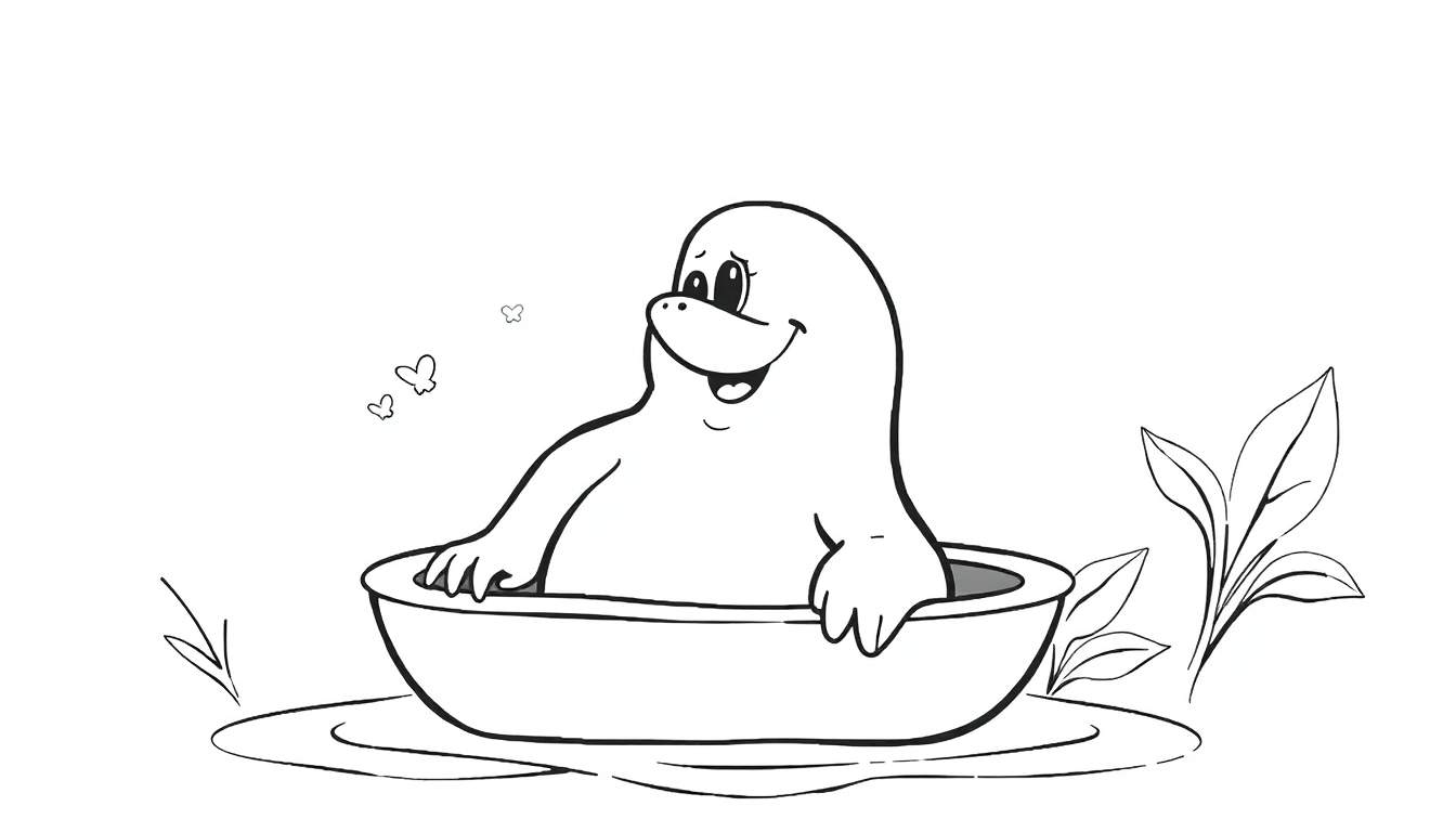 Um animal de desenho animado, possivelmente um selo ou lontra, sorrindo em uma tigela, com borboletas e plantas ao redor. Uma imagem perfeita para um color panel.