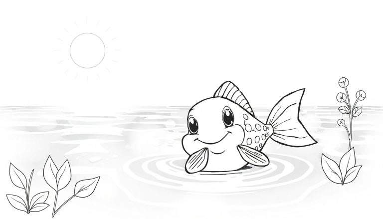 Peixe sorridente em um lago ensolarado com plantas e um color panel.