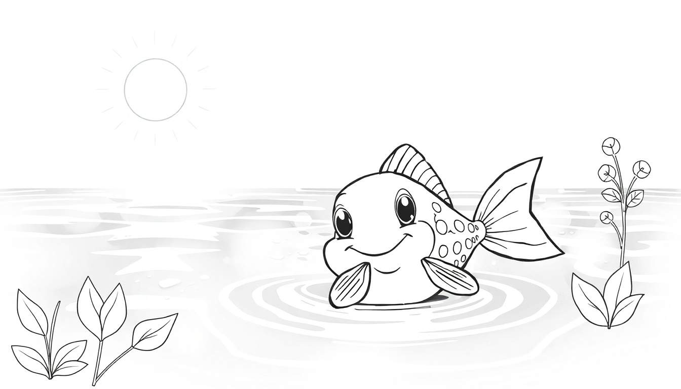 Peixe sorridente em um lago ensolarado com plantas e um color panel.