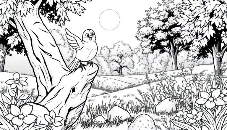 Desenho em preto e branco de uma paisagem campestre com uma árvore florida no primeiro plano, um pássaro e um círculo no céu, pronto para colorir.