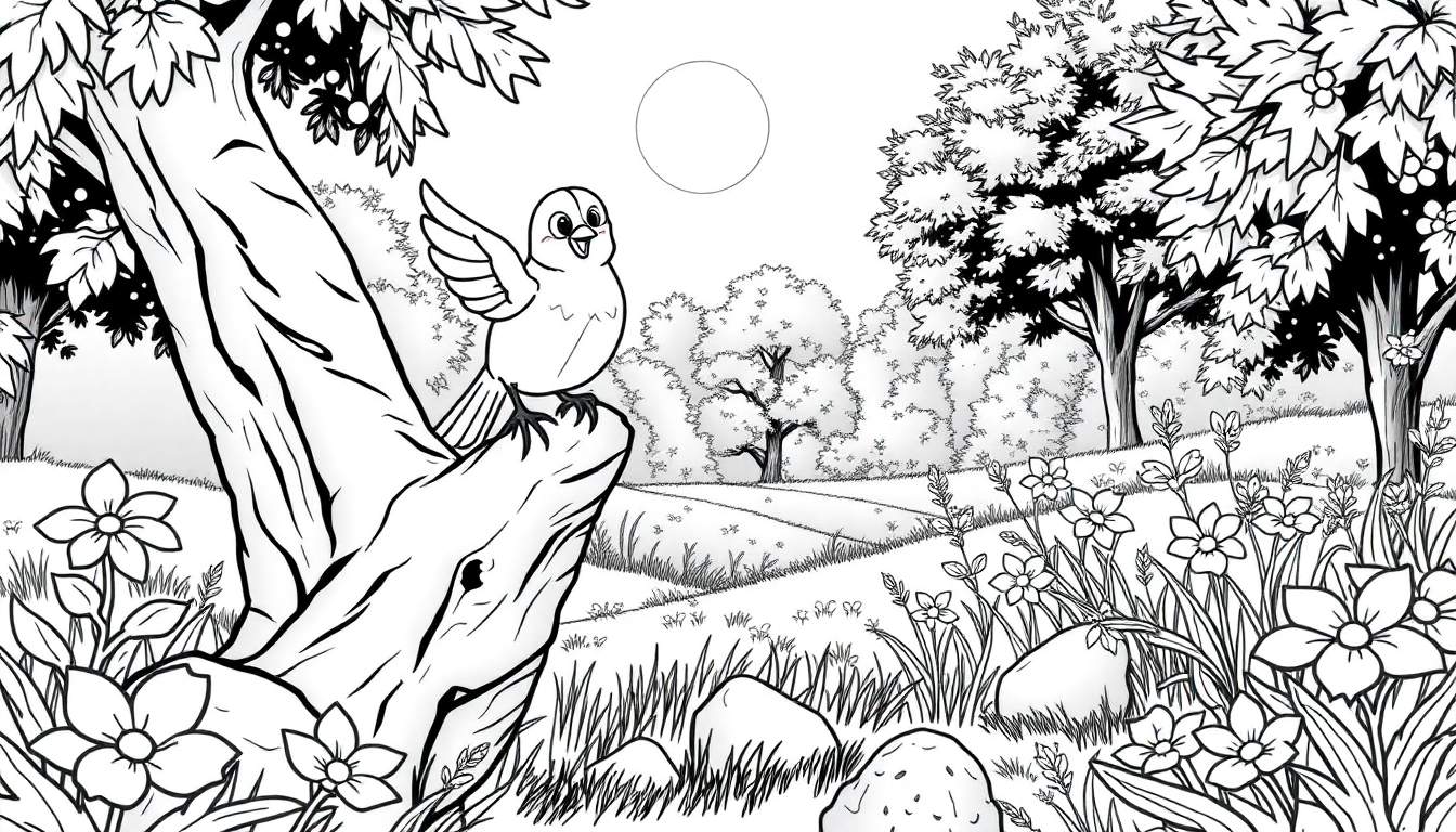 Desenho em preto e branco de uma paisagem campestre com uma árvore florida no primeiro plano, um pássaro e um círculo no céu, pronto para colorir.