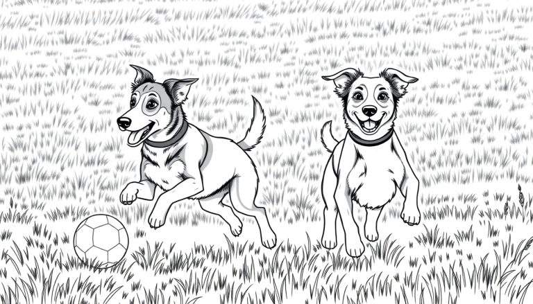 Dois cães felizes a brincar num campo verde, um a saltar para uma bola e outro a correr.