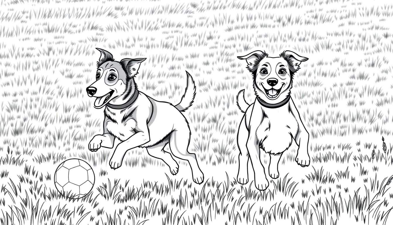 Dois cães felizes a brincar num campo verde, um a saltar para uma bola e outro a correr.