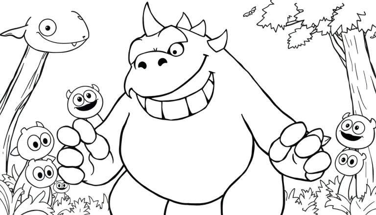 Ilustração de um color panel com um monstro amigável e criaturas em um cenário de fantasia.