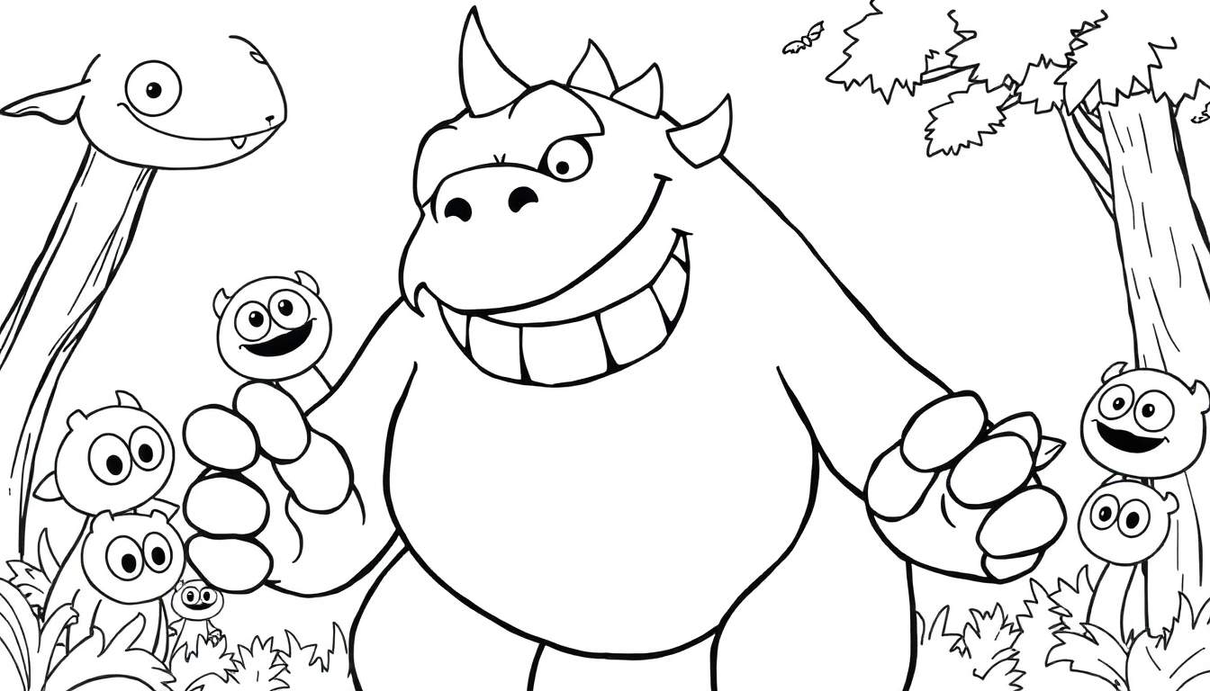 Ilustração de um color panel com um monstro amigável e criaturas em um cenário de fantasia.