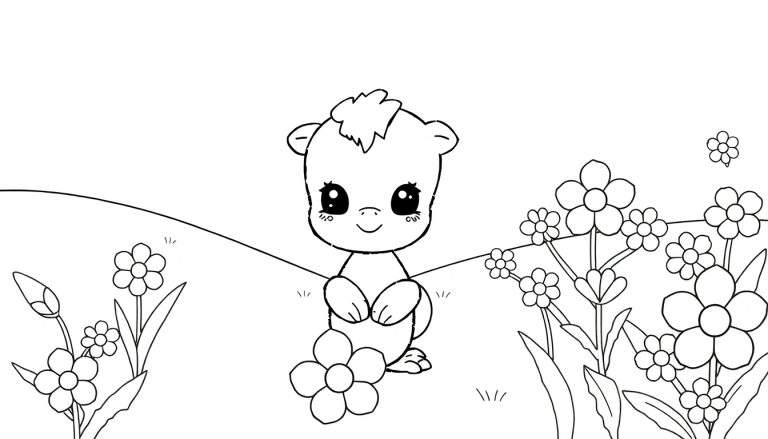 Um filhote de urso fofo com olhos grandes segurando uma flor em um campo de flores em um color panel.