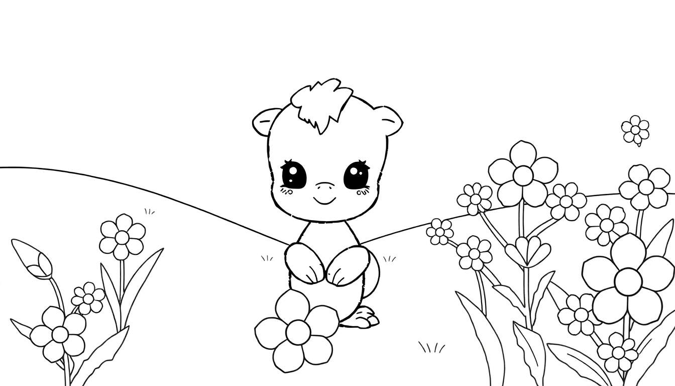 Um filhote de urso fofo com olhos grandes segurando uma flor em um campo de flores em um color panel.