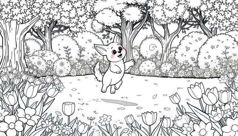 Um cãozinho feliz saltando em um campo de flores com árvores ao fundo, um desenho em preto e branco para colorir.