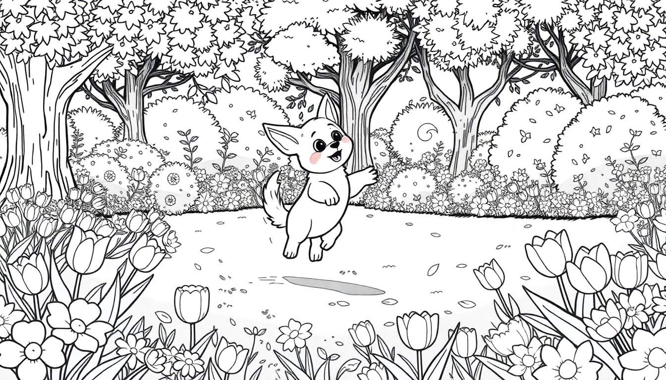 Um cãozinho feliz saltando em um campo de flores com árvores ao fundo, um desenho em preto e branco para colorir.