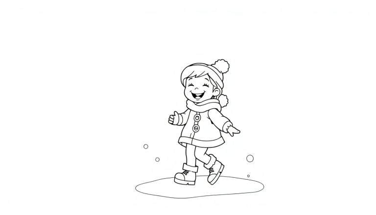 Desenho em preto e branco de uma menina feliz brincando na neve, com flocos de neve caindo.