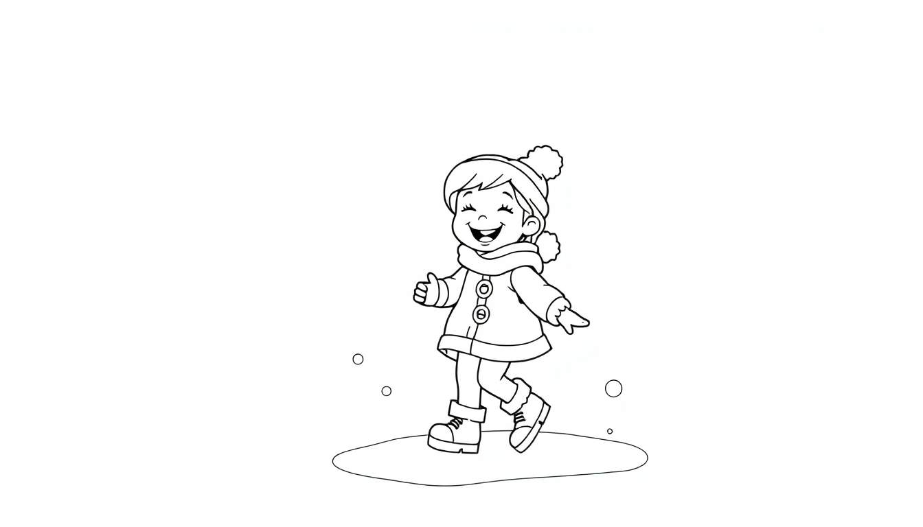 Desenho em preto e branco de uma menina feliz brincando na neve, com flocos de neve caindo.