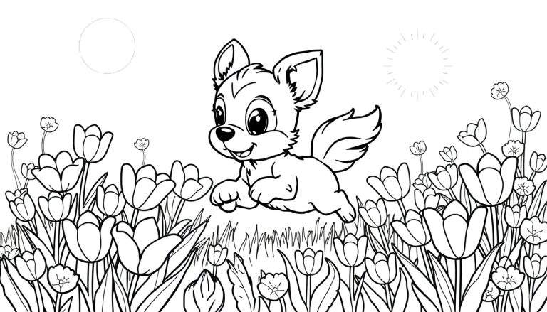 Um desenho em preto e branco de um filhote de raposa saltando alegremente entre tulipas, com um sol e brilho ao fundo. Um color panel.