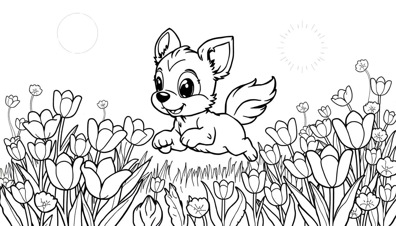 Um desenho em preto e branco de um filhote de raposa saltando alegremente entre tulipas, com um sol e brilho ao fundo. Um color panel.