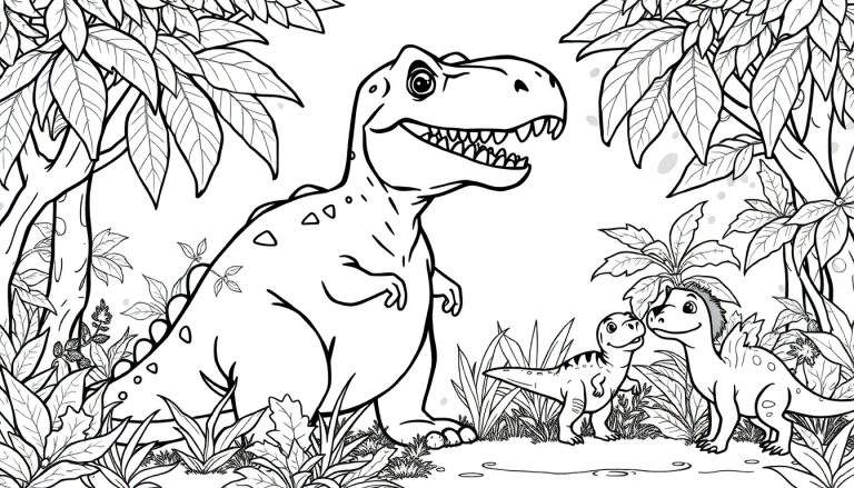 Ilustração de um dinossauro T-Rex sorrindo em uma floresta, com dinossauros bebês observando, para colorir.