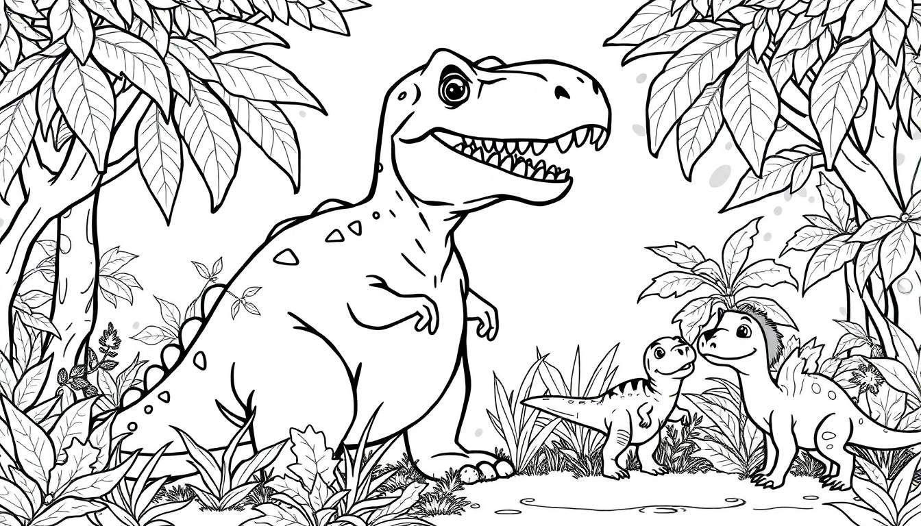 Ilustração de um dinossauro T-Rex sorrindo em uma floresta, com dinossauros bebês observando, para colorir.