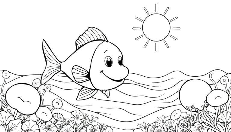 Peixe sorridente nadando em um mar vibrante com bolhas e algas. Um dia ensolarado no oceano, ideal para um color panel.