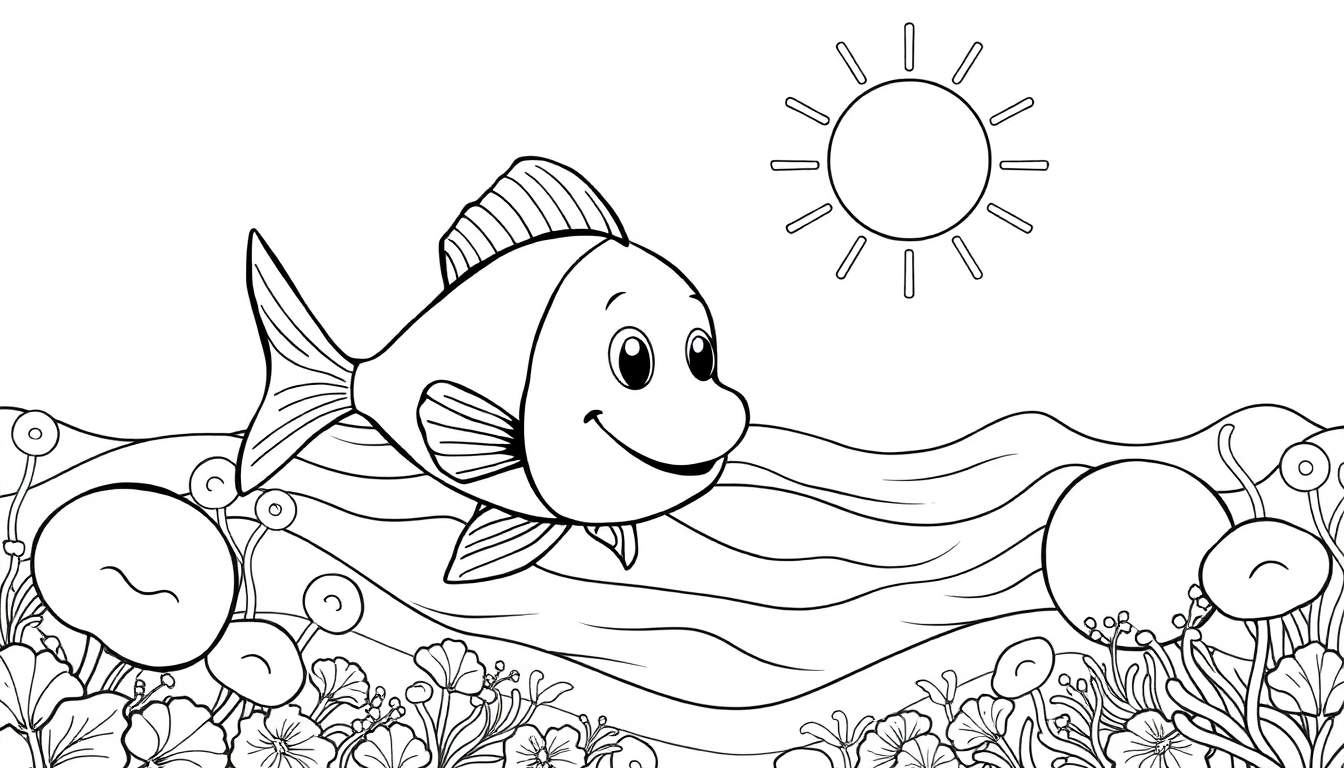 Peixe sorridente nadando em um mar vibrante com bolhas e algas. Um dia ensolarado no oceano, ideal para um color panel.